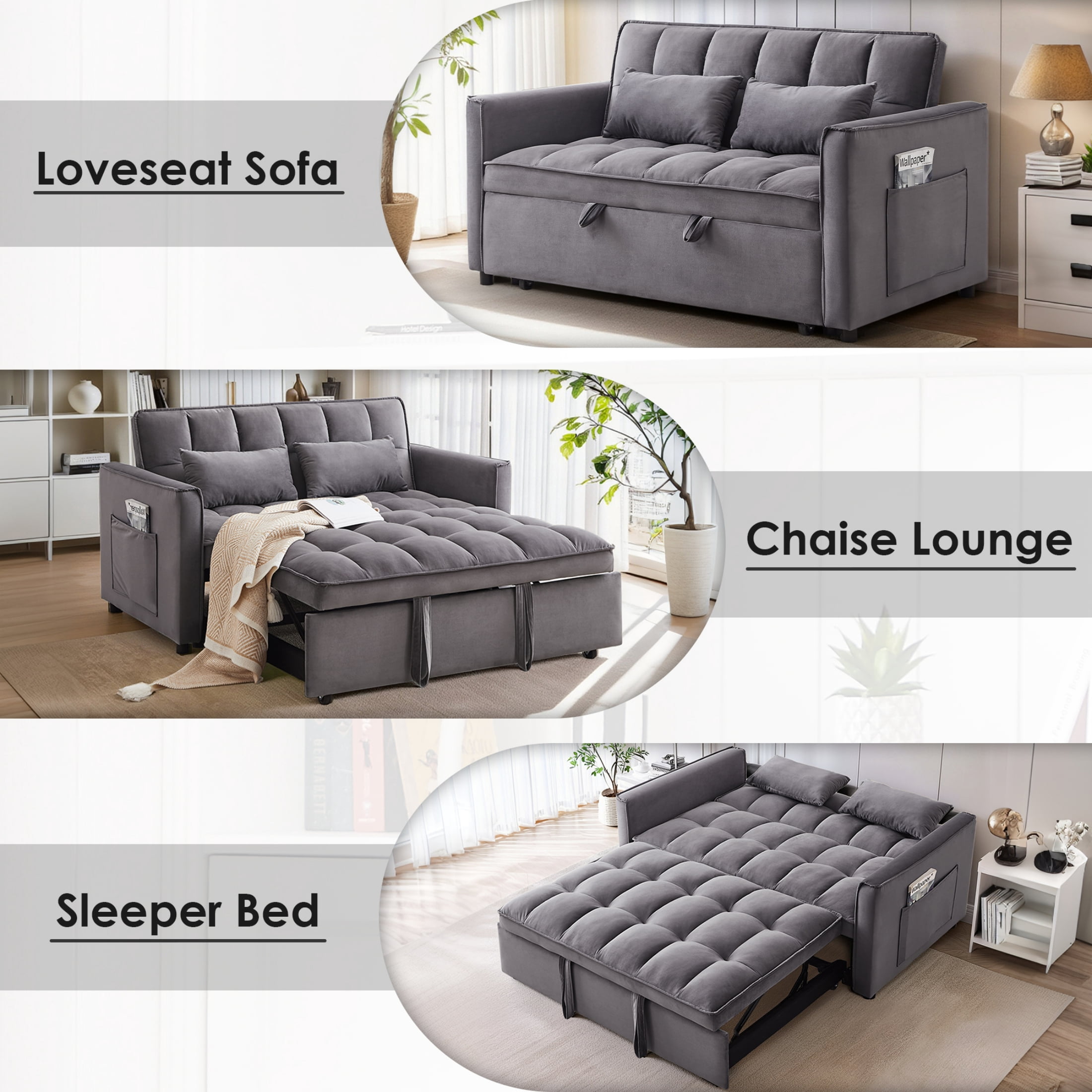 Anpport 3-in-1 Convertible Sleeper Sofa Bed, Pull-Out Loveseat Couch with Adjustable Back for Small Spaces, Velvet Fabric, 55", Dark Gray