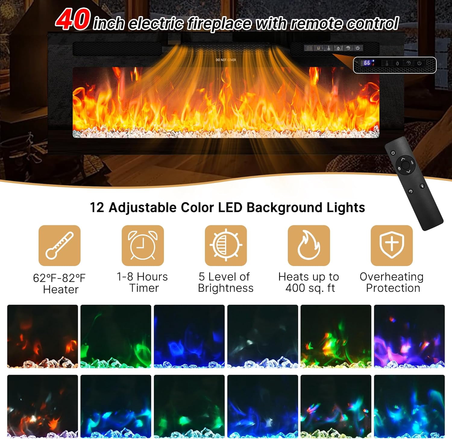 70" LED TV Stand with 40" Fireplace for Modern Living Room, Glossy Fireplace TV Stand Gaming Entertainment Center with Power Outlet for 85/80/75 Inch TVs