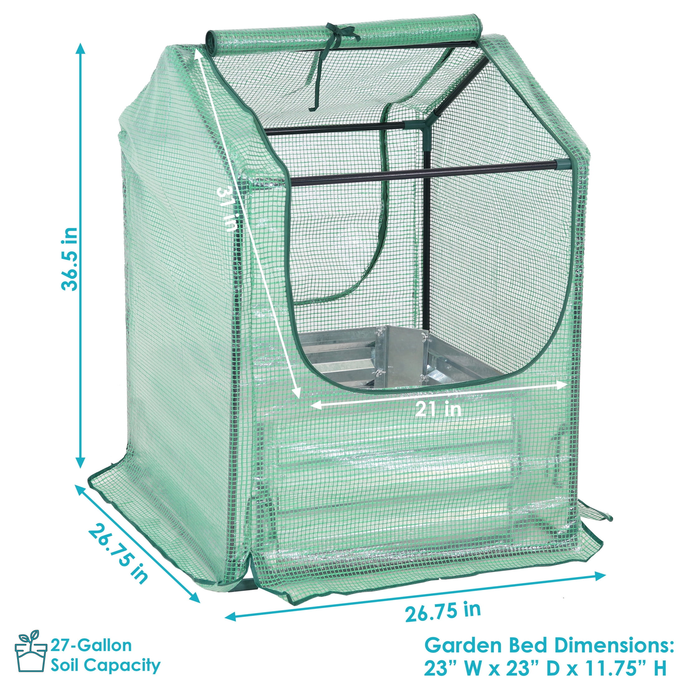 Sunnydaze 2' x 2' x 3' Outdoor Mini Greenhouse with Metal Raised Garden Bed, Green