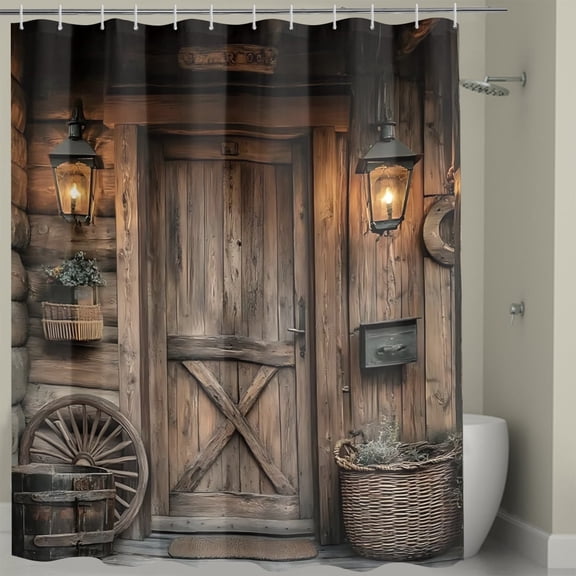 Barn Door Rustic Bathroom Shower Curtain 72W by 72H Inch Farmhouse Brown Wood Wooden Country Vintage Rural Polyester Fabric 12 Plastic Hooks Waterproof Decor