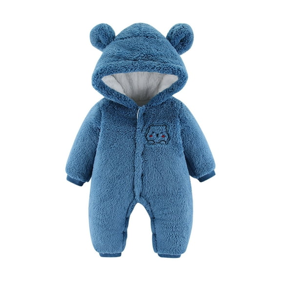 Infant Fleece Jumpsuits for Girls Comfort Cute Bear Ear Hooded Long Sleeve Romper Soft Newborn Winter Clothes, Blue, 12 Months