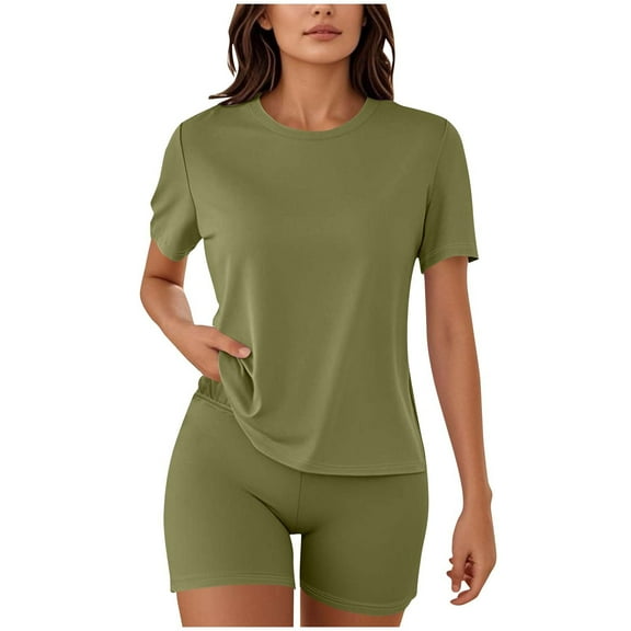 Wyobmus Womens Workout Set Summer 2 Piece Outfits Stretchy Slim Fitted Short Sleeve Shirts and Gym Yoga Shorts Casual Going Out Tracksuit A-Green