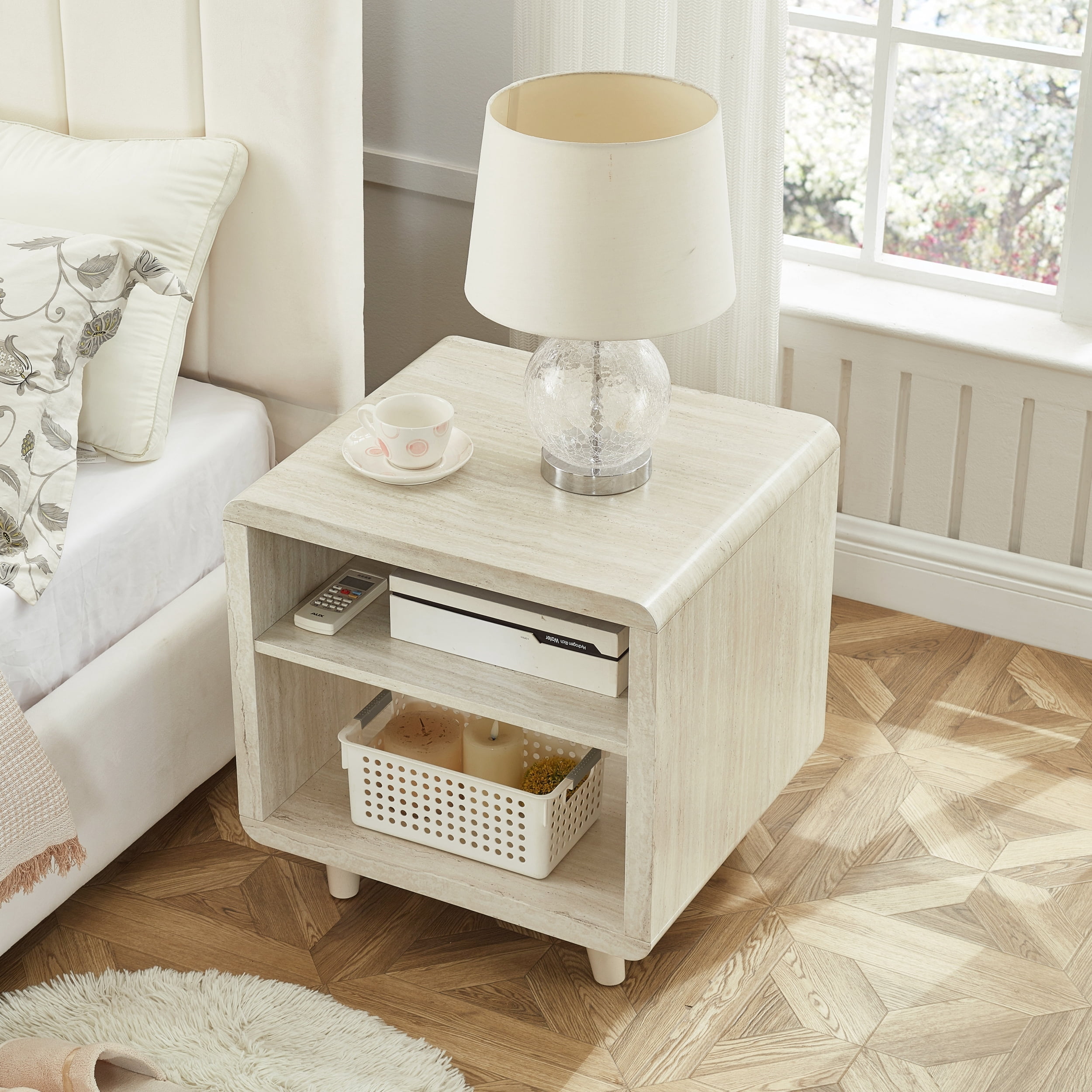 Roundhill Furniture Lux Modern Wood Shelf Side Table, Bedside Nightstand, Beige