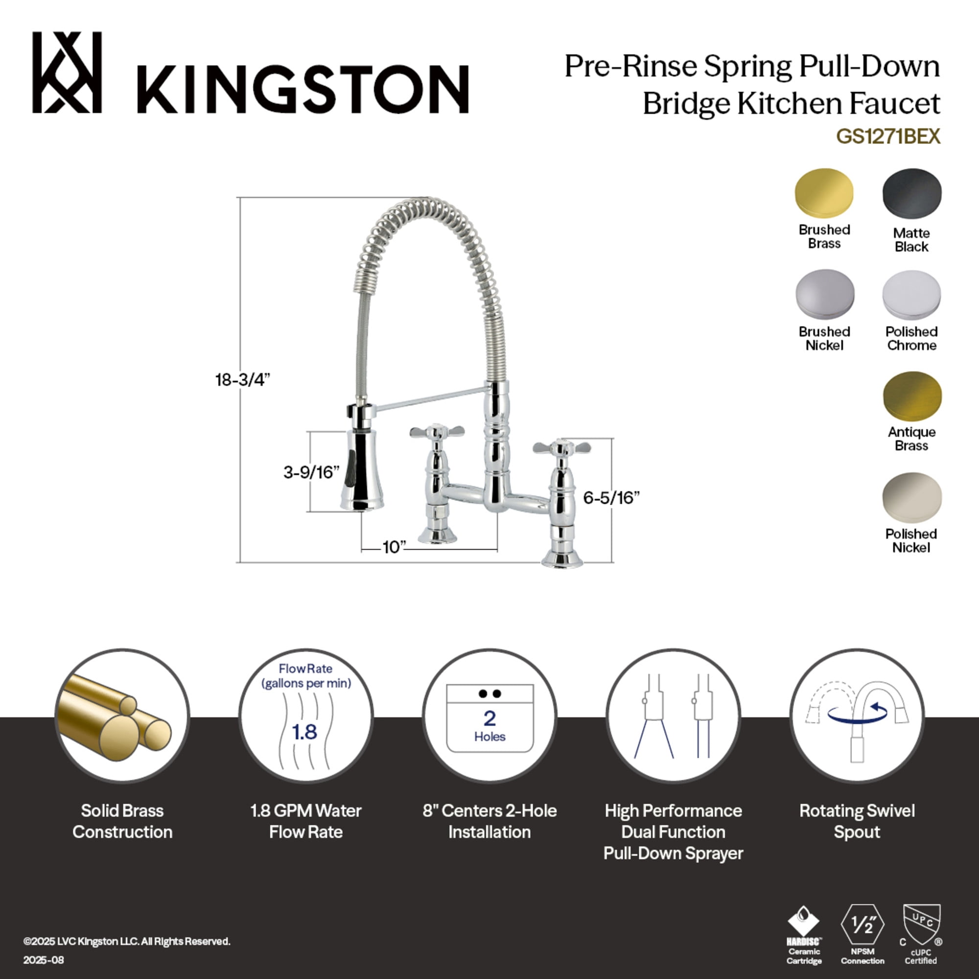 Kingston Brass GS1277BEX Essex Double-Handle 2-Hole Deck-Mount Pre-Rinse Bridge Kitchen Faucet in Brushed Brass