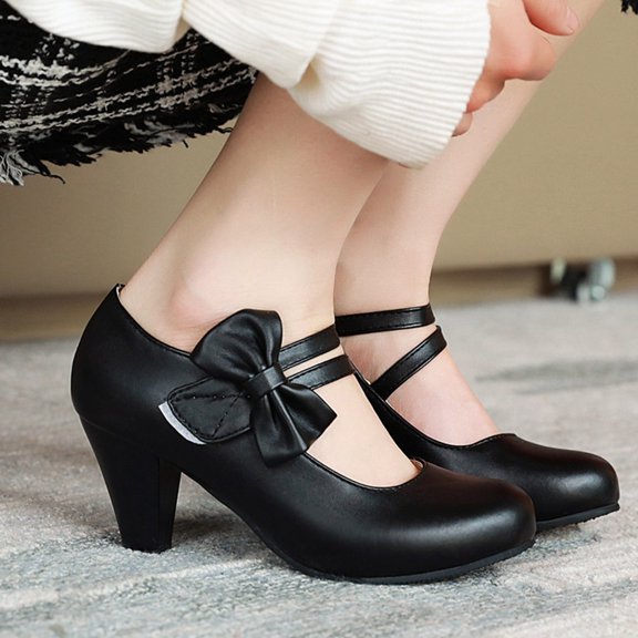 ETEREAUTY 1 Pair Black Chunky Heel High Heels with Simple Bowknot Design for Women Comfortable Fashion Shoes