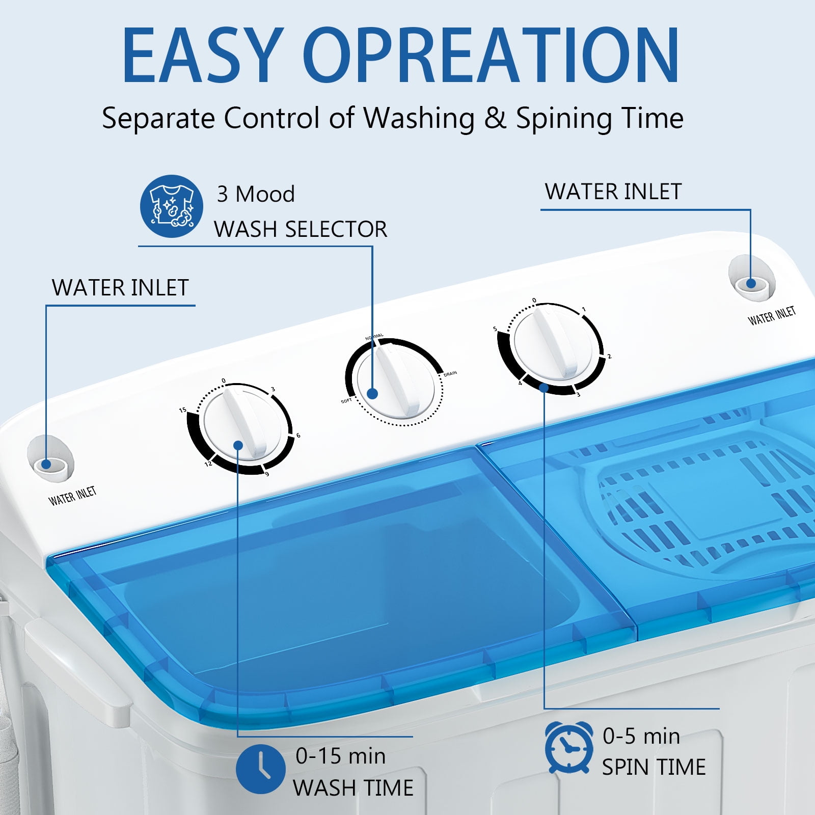 Dimedeal Portable Twin Tub Mini Washing Machine, Washer & Spinner with Drying Rack & Hangers, Mini Compact Laundry Machine with Spinner, Mini Washer for Dorms, Apartment