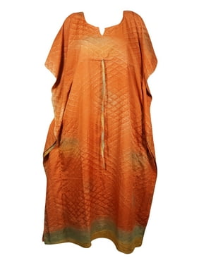 Mogul Women Maxi Caftan Dress, Boho Summer Beach Coverup Orange Floral Print Kaftan Resort Wear Dresses 2XL
