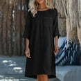 thumbnail image 2 of Liquidation d'Été 2025! Robe Grande Taille pour Femmes, Liquidation de Robe d'Été pour Femmes, Mode Décontractée d'Été pour Femmes Col Rond Manches 3/4 Robes de Plage Unies avec Poches, 2 of 5