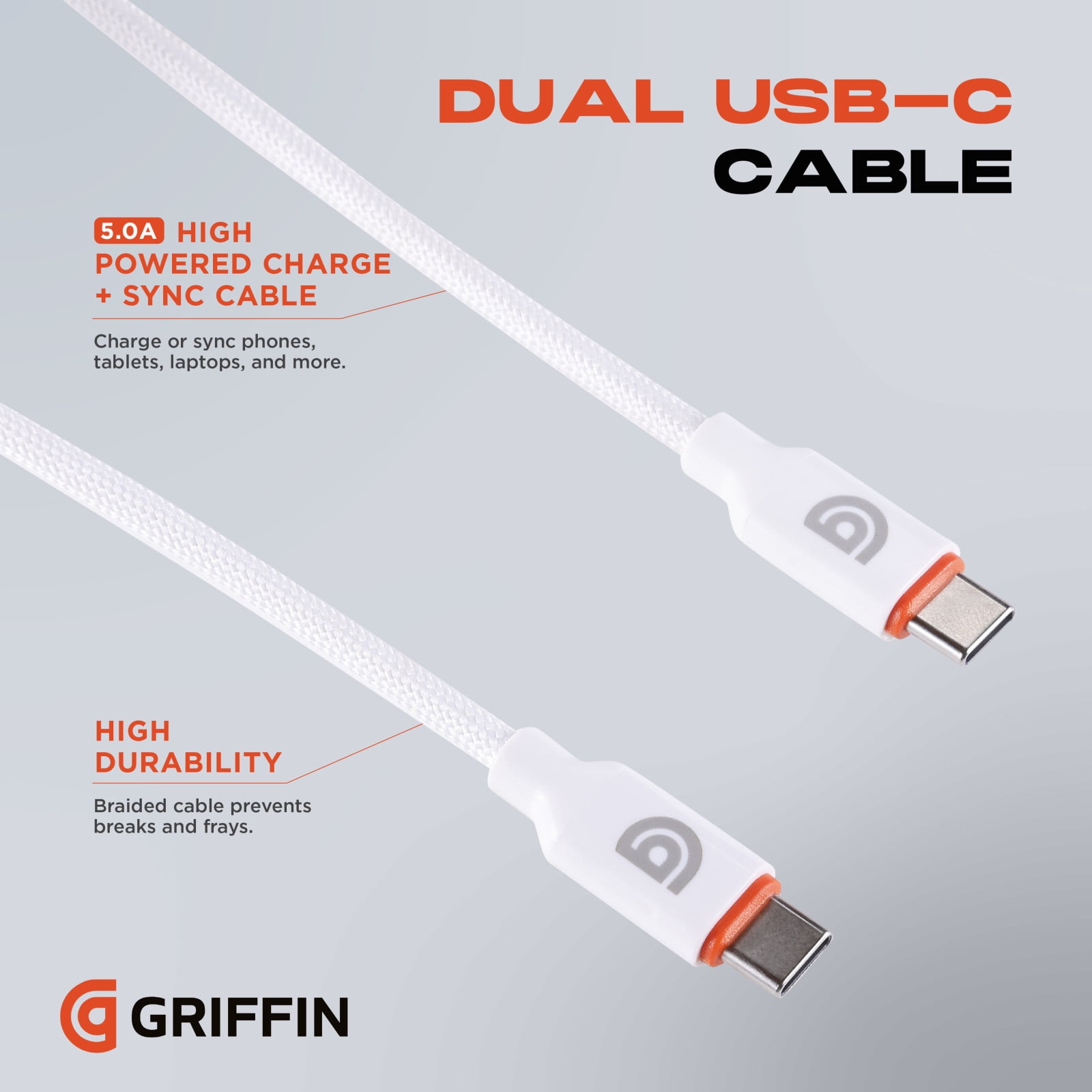 Griffin 10FT High-Powered USB-C to USB-C Charge & Sync Cable - Fast Charging for Laptops, Tablets, Phones, USB-C Cable, Durable Braided Cable, Universal Compatibility, 240W Power Delivery