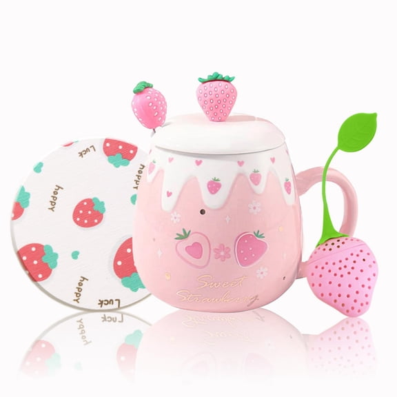 Cute Strawberry Mugs Pink Coffee Mug Ceramic kawaii Cup Morning Tea Milk Fruit Mug with Lovely Lid Stainless Steel Spoon Creative Novelty Birthday Christmas for Lovers Girl 500ML (S)