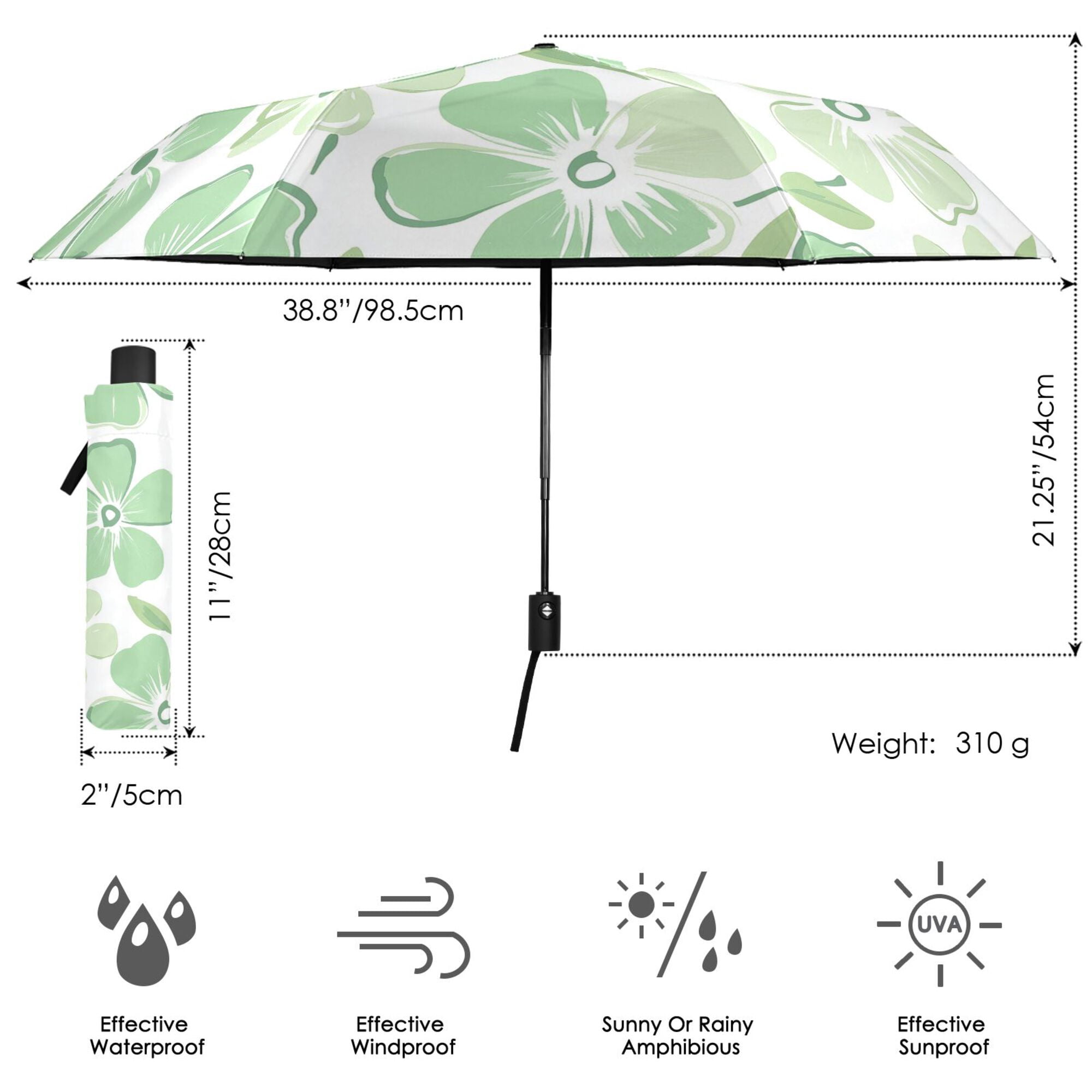 FORMRS Travel Umbrella Folding Auto Open Close Windproof Rain UV Protection, Green Floral