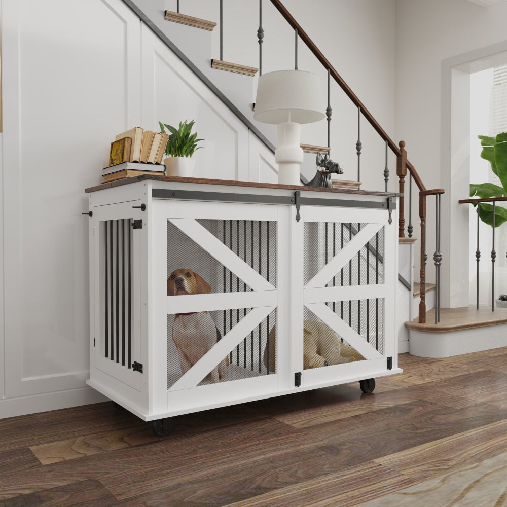 47.2" Double Dog Crate Furniture Mobile Pet Kennel Flip-Top Feeding Door 5 Casters with 2 Locking Wheels Side Hooks