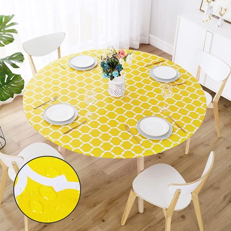 

Round Tablecloth Waterproof Elastic Fitted Table Covers For 36 - 44 Tables Wipeable Flannel Backed Vinyl Tablecloths For Picnic Camping Dining Indoor And Outdoor Yellow Morocco