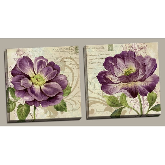 Vintage Study in Purple; Two Beautiful Postcard Style Floral Roses; Two 12x12in Stretched Canvases; Ready to hang!