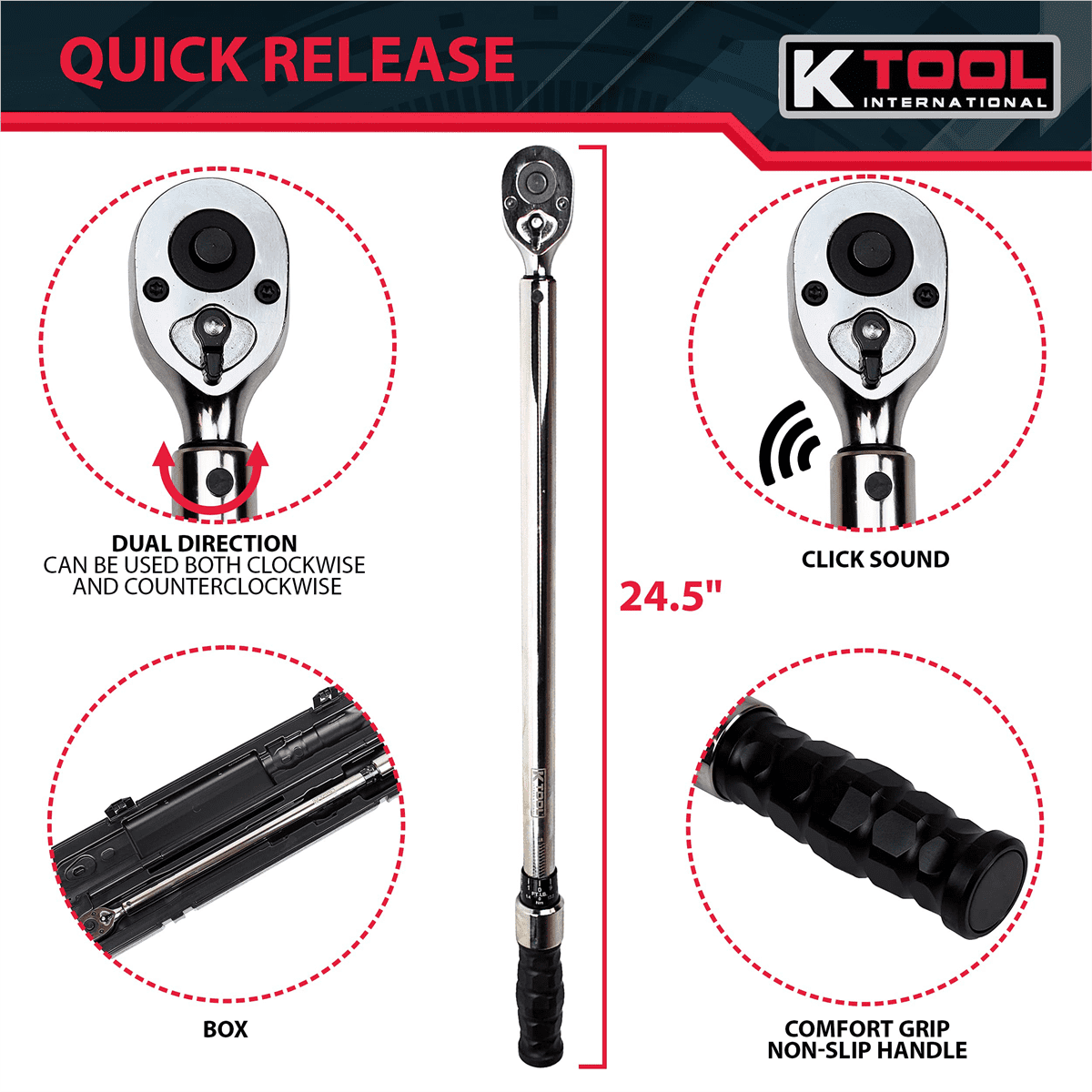 K-Tool 72126A 1/2" Drive 24.5" Long Adj Torque Wrench 30-250 ft/lb Capacity