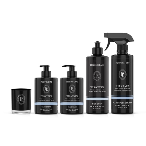 Preston Lane Signature Home Set – All Purpose Cleaner, Dish Soap, Hand Wash, Hand Cream & Scented Candle | Plant-Powered Cleaning & Care Essent