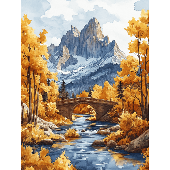 Autumn Mountain River Bridge Canvas Art Print/Painting， Suitable for Living Room， Bedroom， Office， Hallway， and Bathroom Decoration