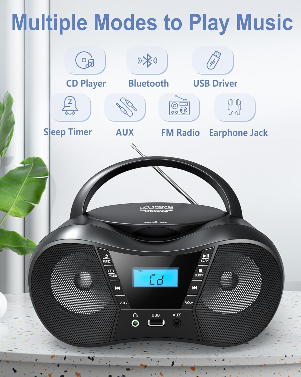 Prociv CD Player Boombox with FM Radio,Bluetooth 5.1,Clear Sound,LCD Display,USB/AUX Input,AC/Battery Powered,CD/CD-R/CD-RW Compatible,3.5mm Headphone Jack,Sleep Timer for Home,Seniors,Kids Black