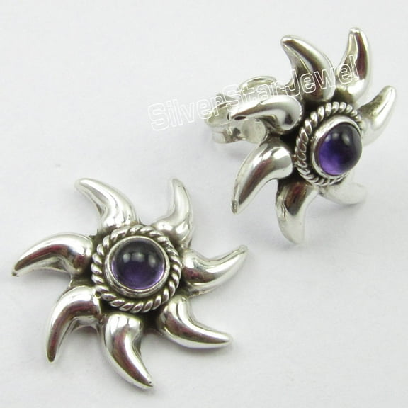 SilverStarJewel 925 Solid Silver Sparkling Amethyst Gem Beautiful Sun Stud Post Earrings 0.7"