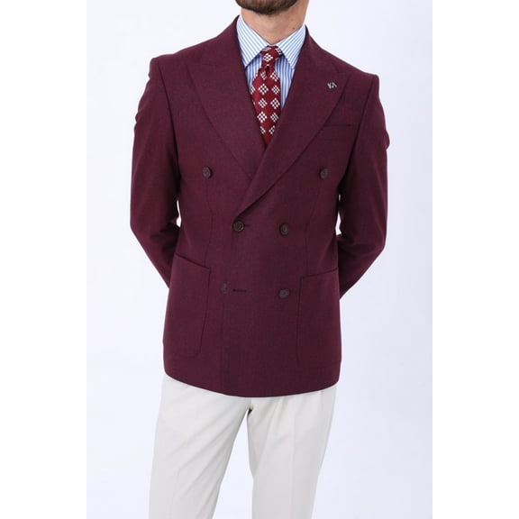 Men's Classic Jacket, Quality Soft Texture 88% Wool Burgundy Double Breasted Jacket