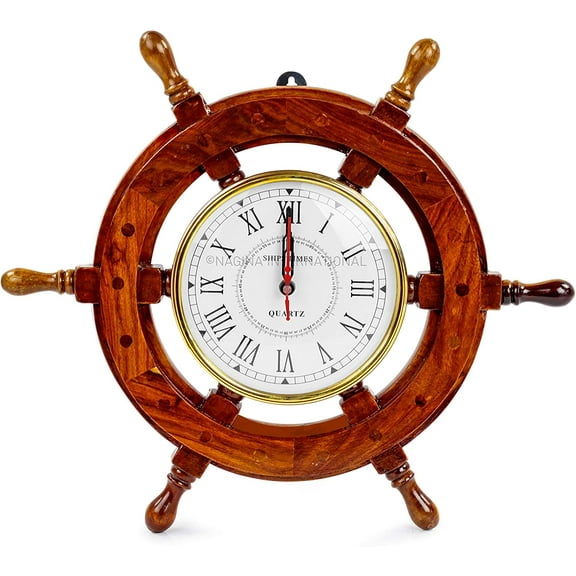 Nagina International Nautical Handcrafted Wooden Premium Wall Decor Wooden Clock Ship Wheels | Pirate's Accent | Maritime Decorative Time's Clock (18 Inches, Clock Size - 6 Inches)