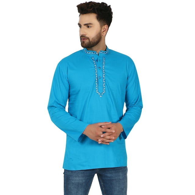SKAVIJ Kurta Courte en Coton pour Hommes Col Rond Tunique Coupe Régulière (Petit, Turquoise))