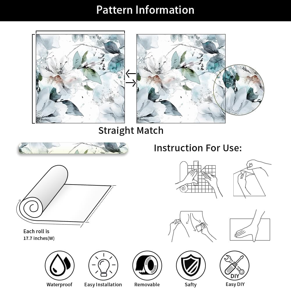 Ice Blue White Large Hyacinth Floral Green Leaf Peel and Stick Wallpaper Wall Decor Self Adhesive Wall Paper Stick on Easy Peel Off Contact for Renter Apartment