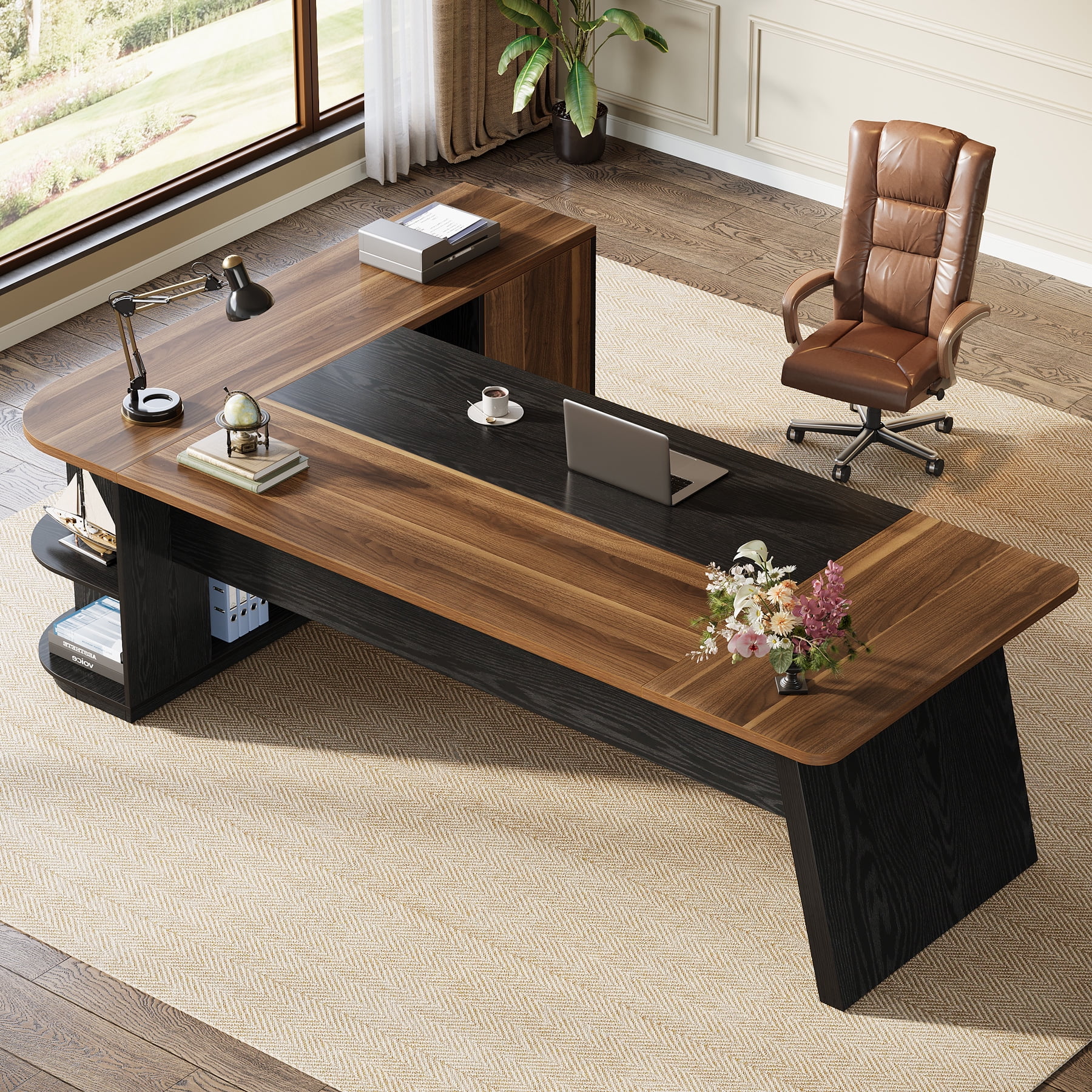 Finmind Executive Desk with Cabinet, 79-Inch L-Shaped Computer Table with Storage Shelves, Office Desk for Home Office, Brown and Black