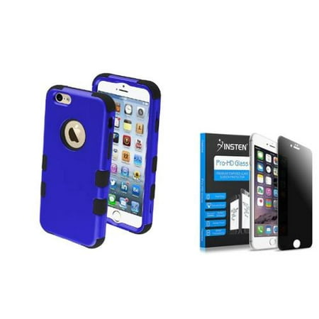 iPhone 6 / 6s Hybrid 3-Layer Hard PC Outer/Silicone Inner Case by Insten - Blue/Black (+ Privacy Anti-Spy Tempered Glass Screen Protector Shield (Best Tempered Glass Pc Case)