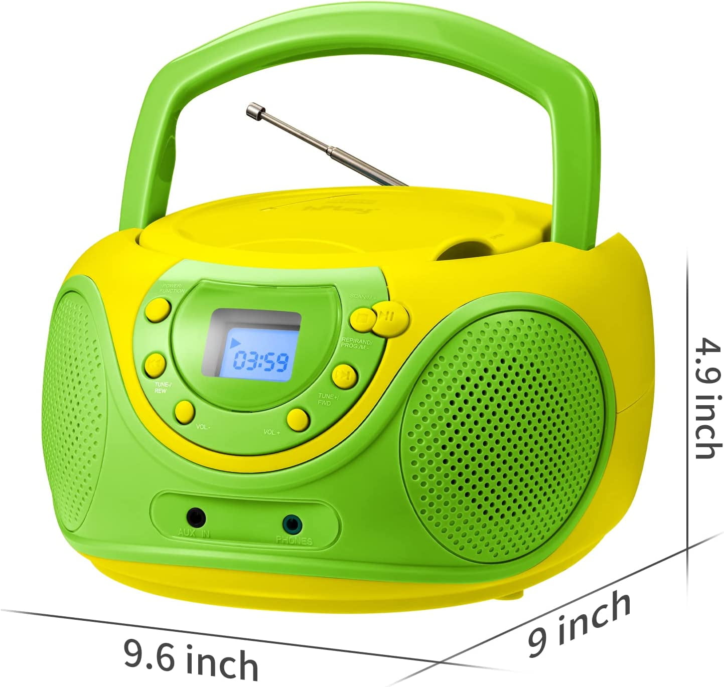 hPlay P16 Portable CD Player Boombox AM FM Digital Tuning Radio, Aux Line-in, Headphone Jack, (Lime)