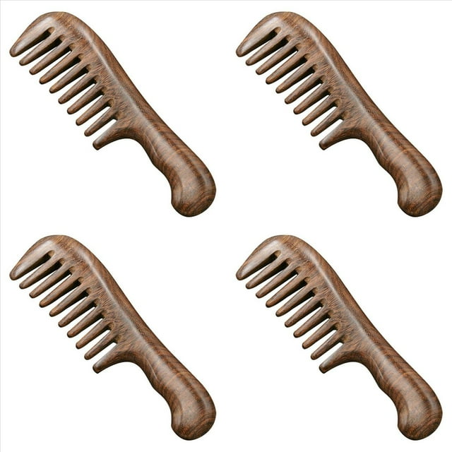 4X Peine de Dientes Anchos de SáNdalo Peine de Madera de Dientes Gruesos PortáTil de Pelo Rizado Herramienta de Masaje Capilar Gruesa