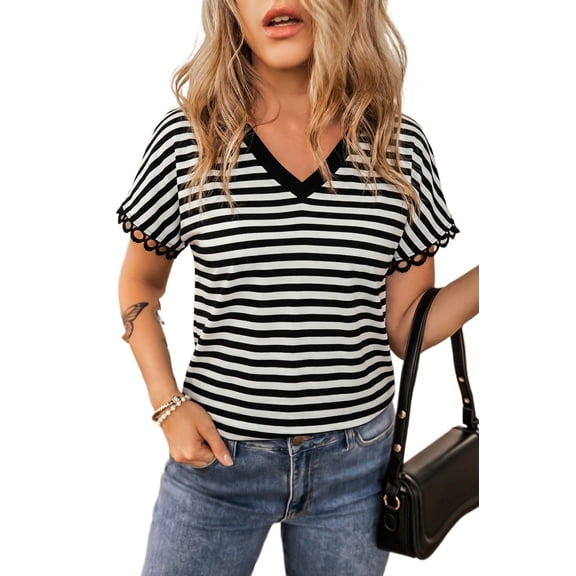 Women's Black Striped V Neck Tee – Casual Summer Top with Delicate Trim for Everyday Style, XL