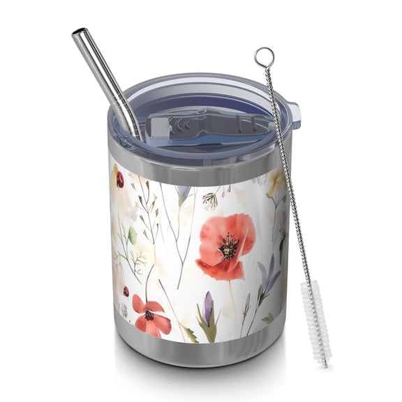 12oz Tumblers Pioneer Flower Floral Print Pattern Vacuum Insulated Stainless Steel Travel Tumbler Cups Mug with Lid and Straw for Beer,Coffee,Beverages with Cleaning Brush for Cold & Hot Drinks