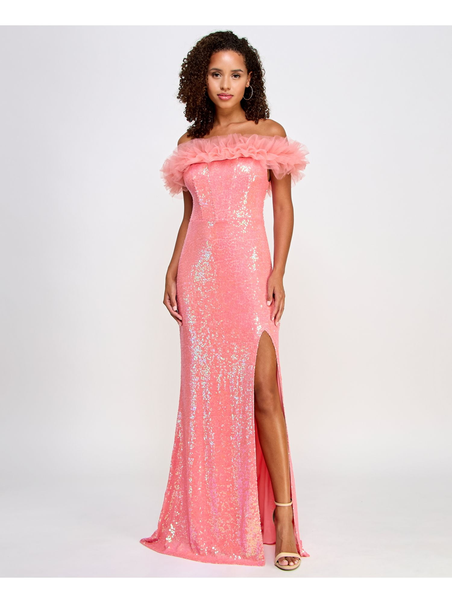 PEAR CULTURE Womens Coral Sequined Ruffled Zippered Slitted Lined Short  Sleeve Off Shoulder Full-Length Formal Gown Dress Juniors 3\4 - Walmart.ca
