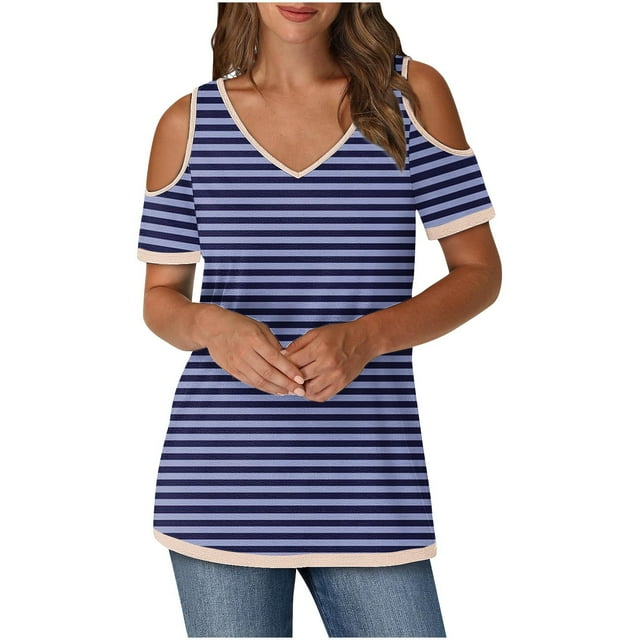 Tops de Algodón para Mujeres Tira Impresa Manga Corta Cuello en V Fuera Del Hombro, Top de Moda para el Uso Diario