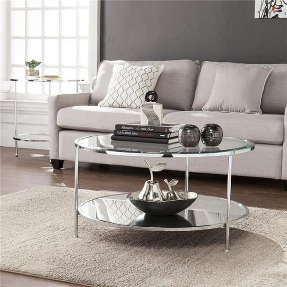 34 in. Glass & Metal Round Mirrored Coffee Table, Chrome