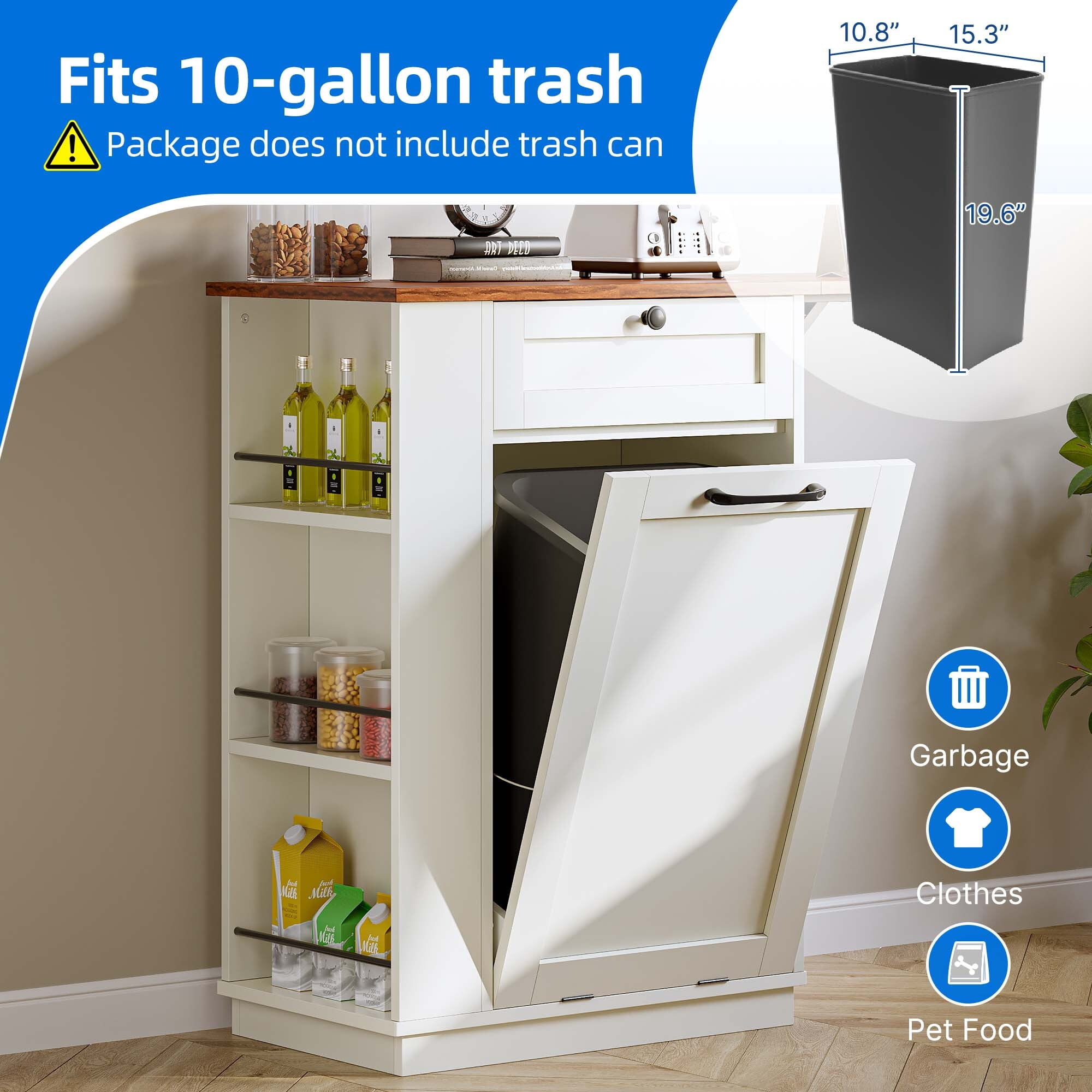 Uforic Kitchen Tilt Out Trash Can Cabinet with Drawer & Drop Leaf, Storage Cabinet for 10-gal Trash Bin, Off-White