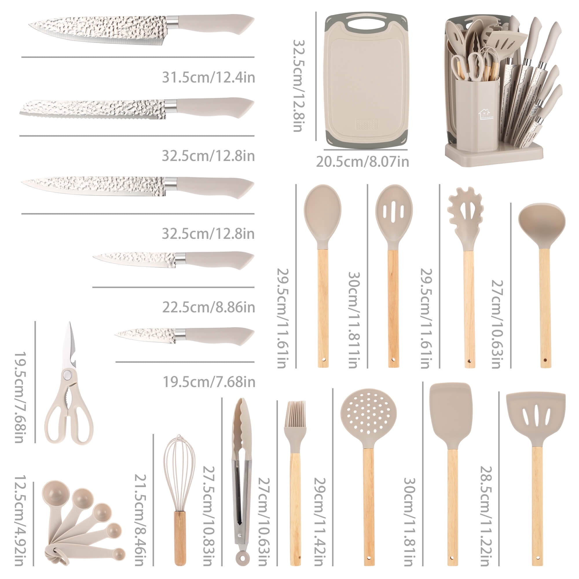 HEESEM 23 PCS Silicone Utensils Kitchenware Set with Removable Knife Cover, Non-Stick Heat Resistan Tools-Khaki