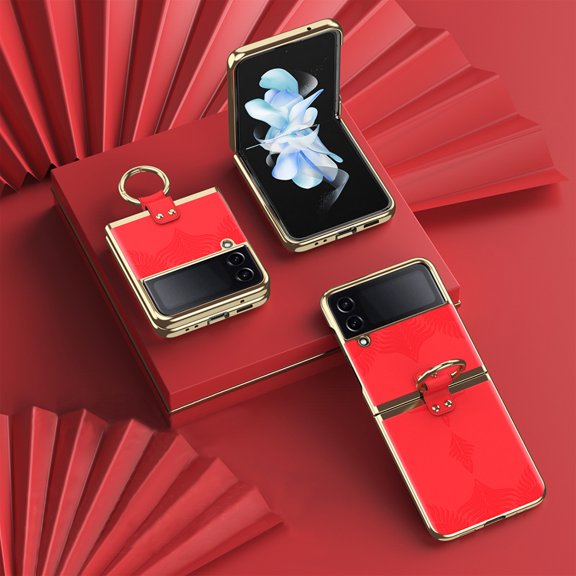 SaniMore for Samsung Galaxy Z Flip 4 (6.7" 2022) Case, Wear-resistant PU Leather Skin with Embossed Flower, 360 Degree Rotating Ring Kickstand, Slim Lightweight Shockproof Cover, Red