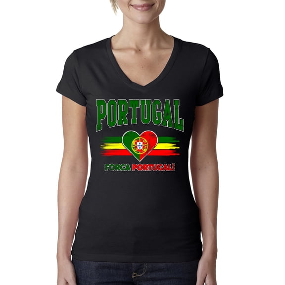 Wild Bobby Portugal Flag Heart Forca Portugal Graphic | Women's Novelty T-Shirt | Soccer Football Fan Game Day Gift for Her Women Junior Fit V-Neck Tee