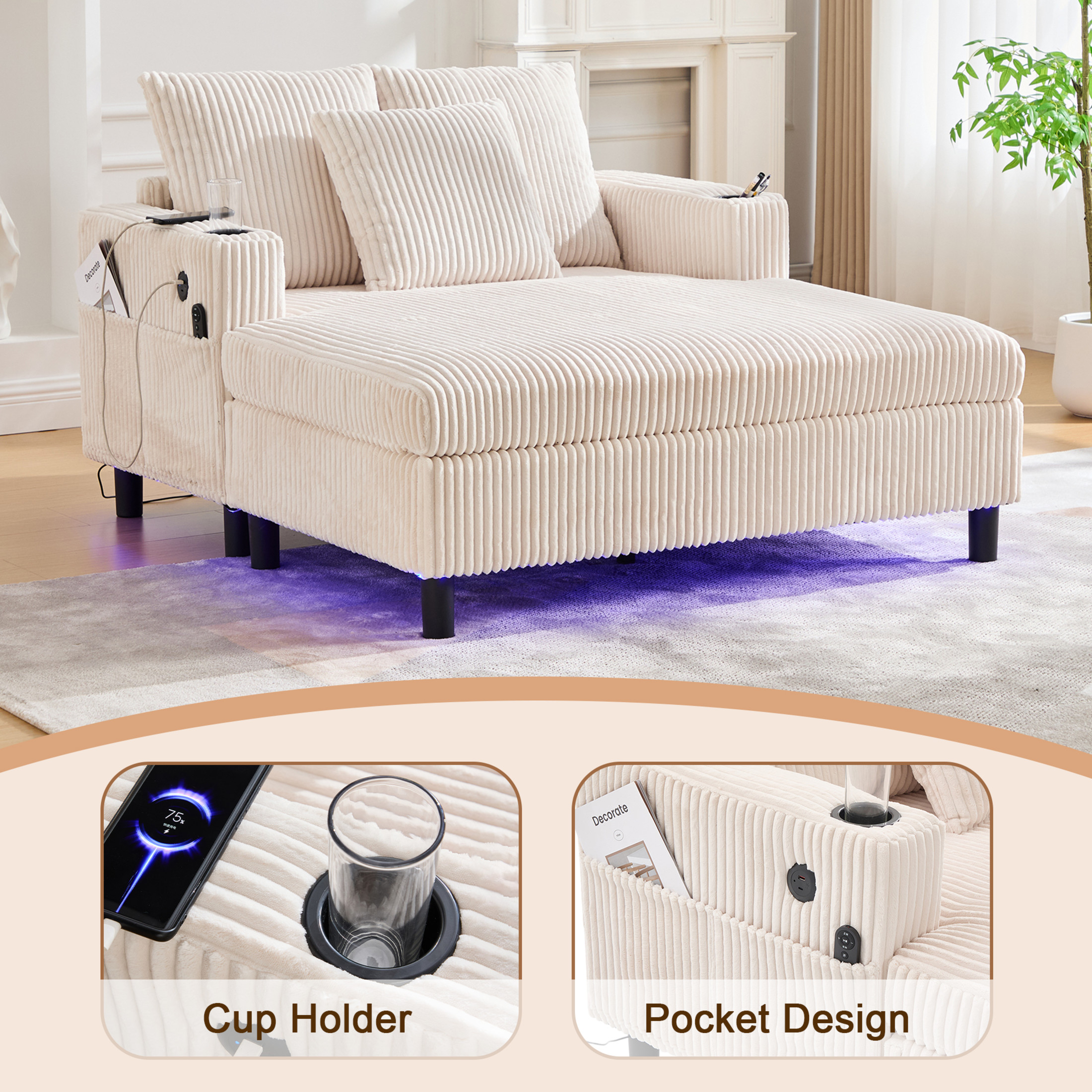 Noble House Oversized Corduroy Recliner Sofa, Deep Seat Chaise Lounge with Pillows for Living Room/Bedroom, Beige