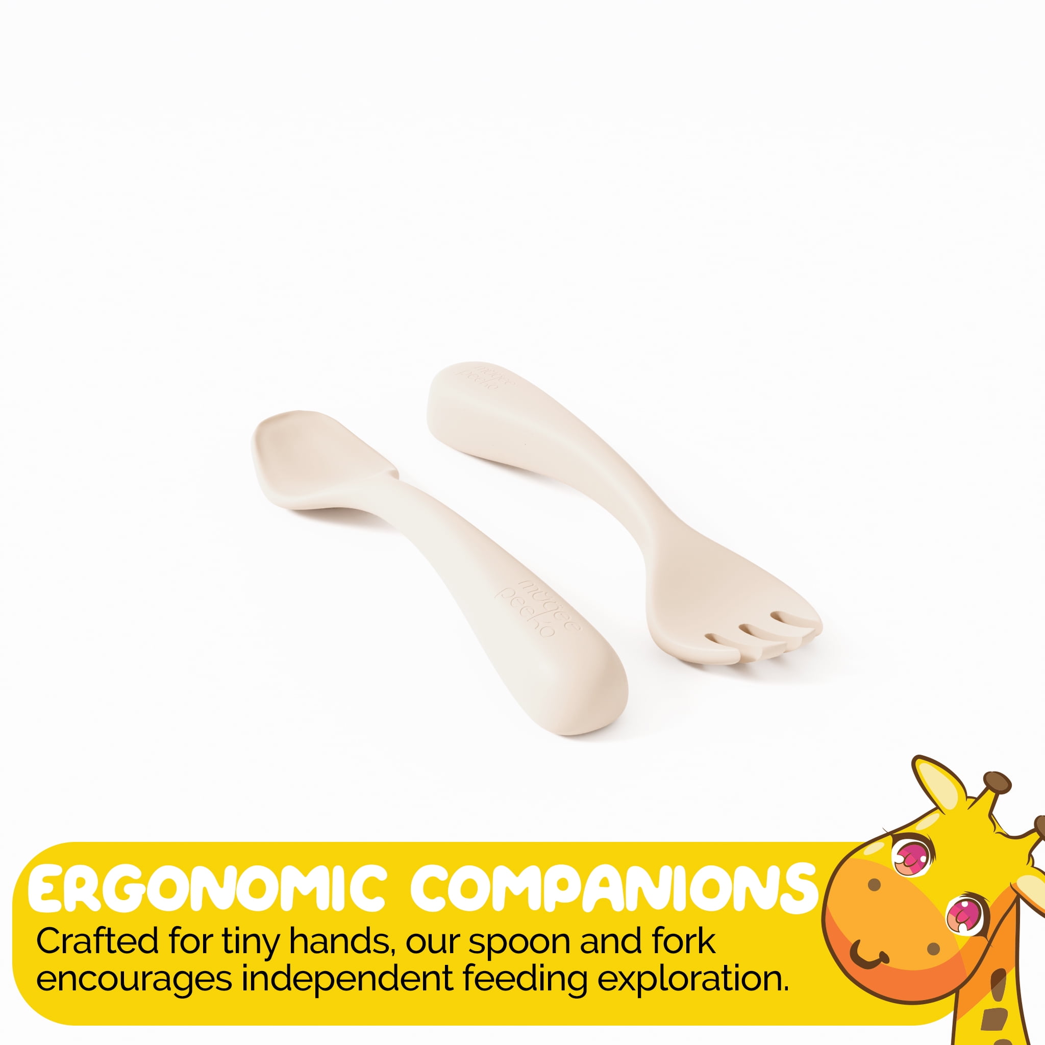 Toddler Dinnerware Set by Muqee Peeko in Beige Color with Suction Tray and Baby Utensils - (3 Piece Set)