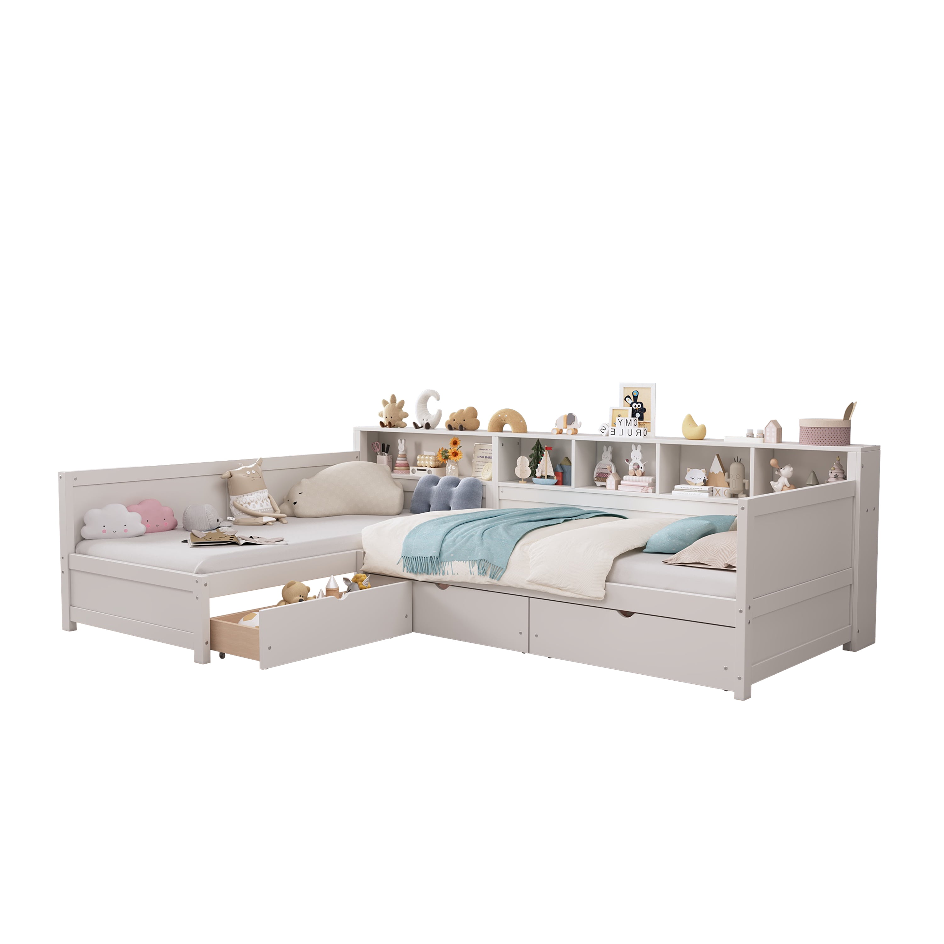 Euroco Wood Twin Size L Shaped Platform Bed with Drawers, Captain Bed with Shelves and Cabinets, 2 Beds in One, White