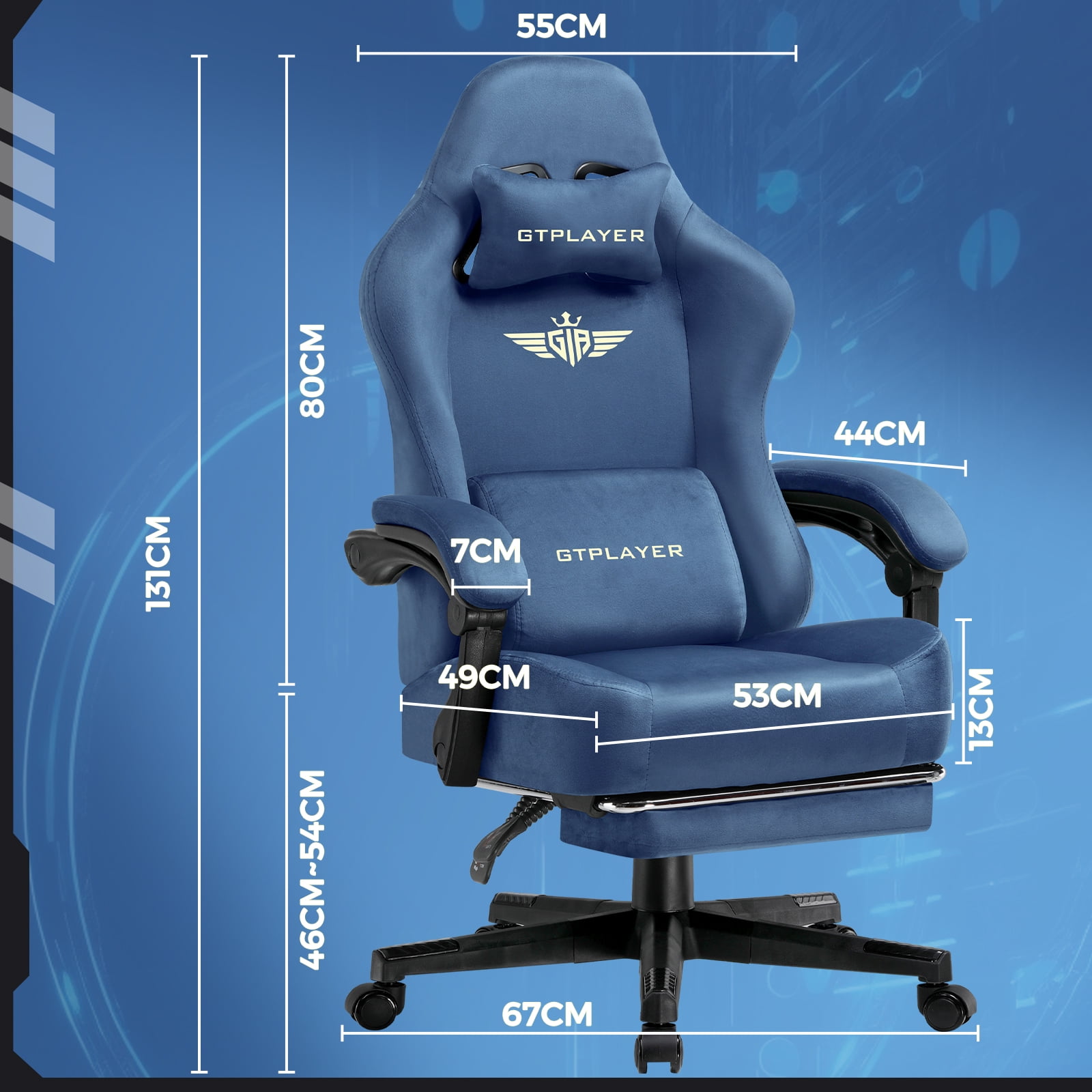 GTPLAYER Big & Tall Fabric Swivel Gaming Office Chair with Pocket Spring Cushion and Footrest, Blue