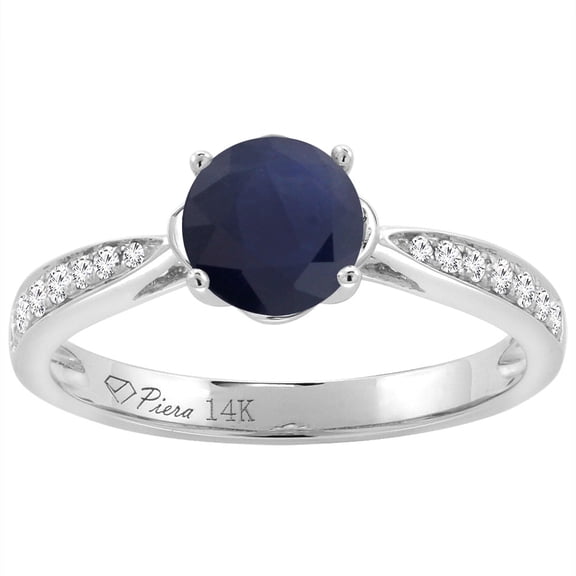 14K White Gold Diamond Natural Quality Blue Sapphire Engagement Ring Round 7 mm, size 5.5