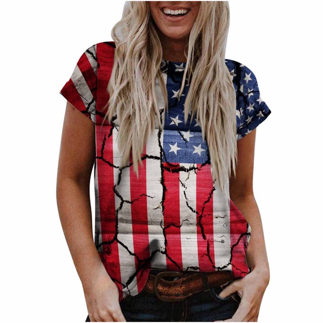 Tops de mujer Moda Casual Blusa suelta Bandera del Día de la Independencia Impresión de cuello redondo Camiseta Camisas Blusa Camiseta estampada Pompotops hfajkhk129797