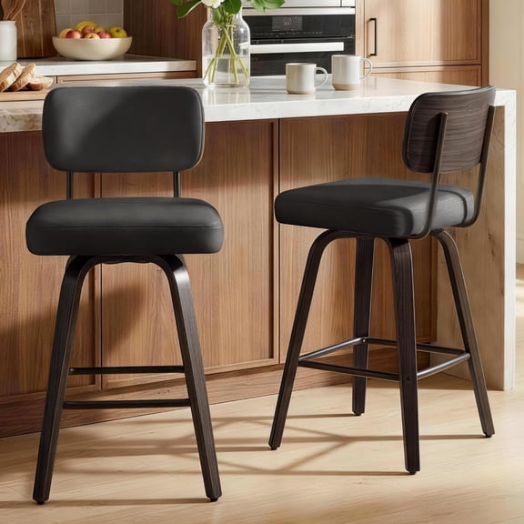 Swivel Bar Stools Set of 2, 26" Faux Leather Counter Stools with Walnut Back and Bentwood Legs, Black