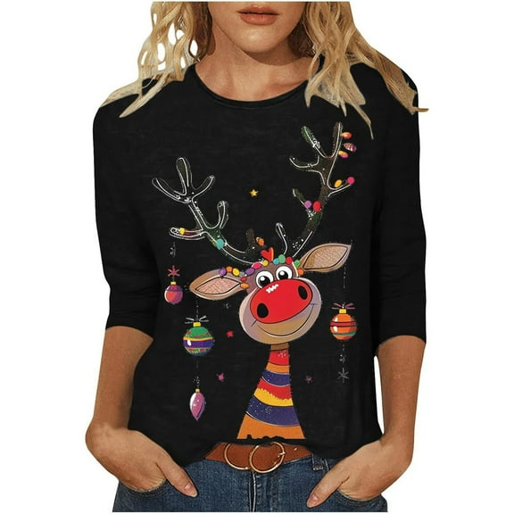 XIAOCHA Womens T-Shirts Reindeer And Christmas Ornament Print Crew Neck Pullover Tees Shirt Long Sleeves Loose Fit Tees Christmas Holiday Wear