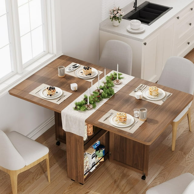 Table à Manger Pliante Gain de Place avec Rangement - Table de Cuisine avec 6 Roulettes, Tiroir et Étagères, Table à Manger Compacte pour Petits Espaces, Blanc/noyer