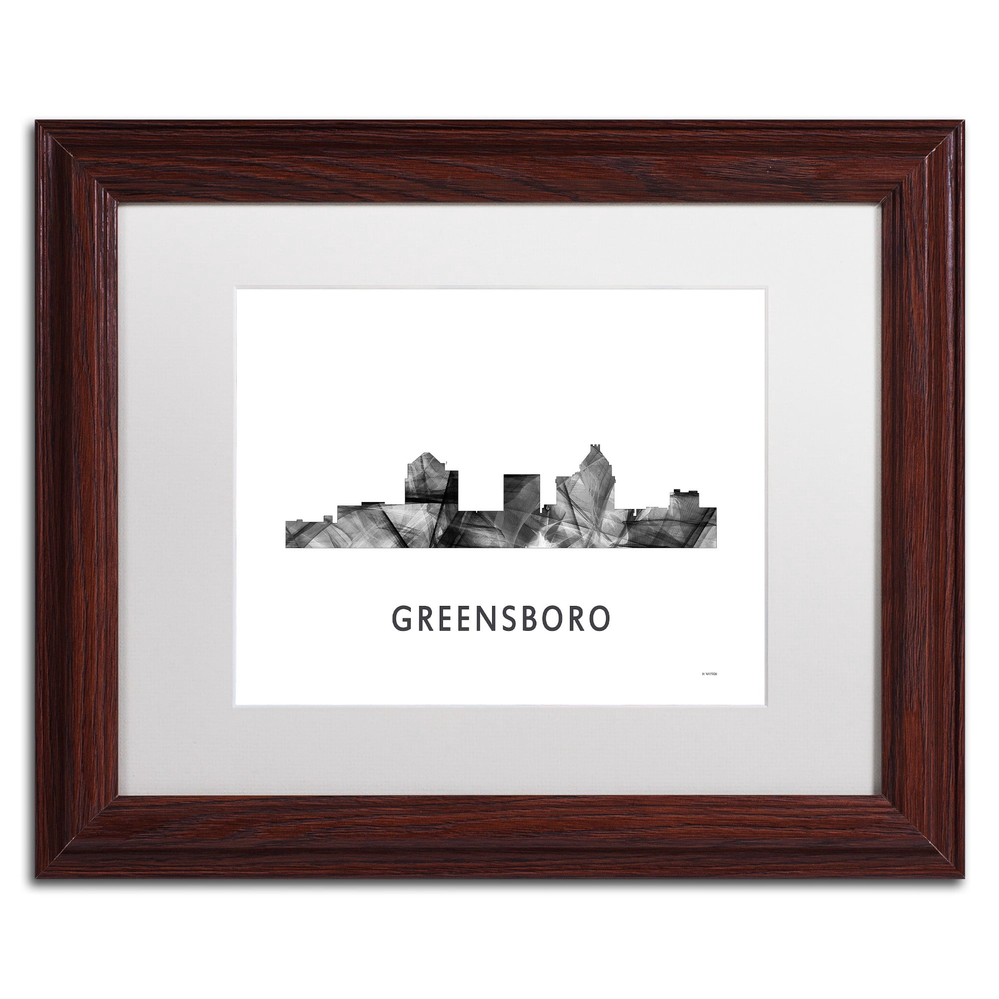 Trademark Fine Art 'Greensboro NC Skyline WB-BW' Canvas Art by Marlene Watson, White Matte, Wood Frame